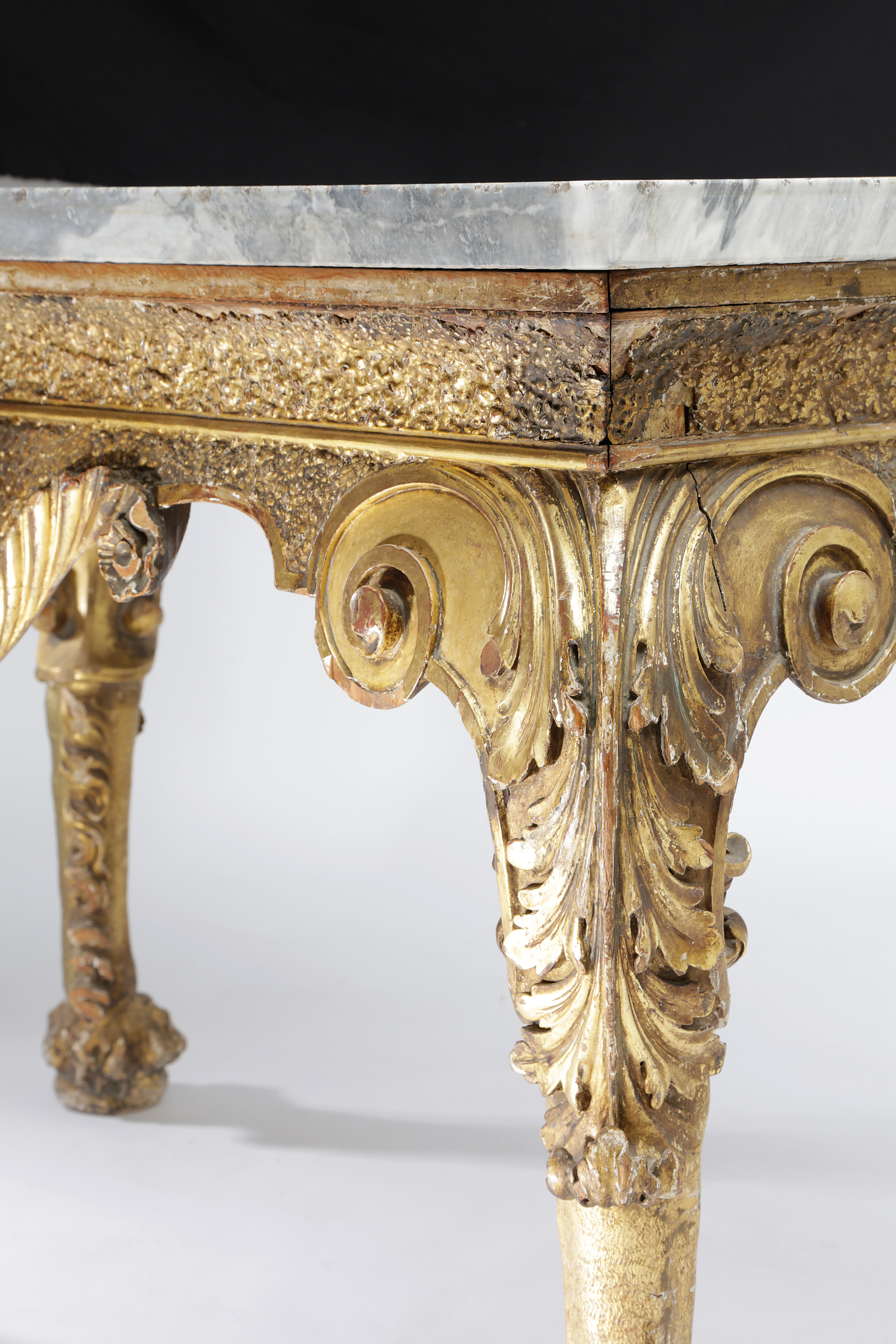 A PAIR OF FRENCH GILTWOOD CONSOLE TABLES IN LOUIS XV STYLE. 19TH CENTURY each with a red and grey - Image 3 of 8