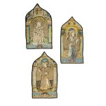A SET OF THREE 'OPUS ANGLICANUM' ORPHREY PANELS 15TH / 16TH CENTURY of lancet form, worked with silk