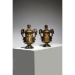 A PAIR OF FRENCH EGYPTIAN REVIVAL GILT AND PATINATED BRONZE VASES AND COVERS LATE 19TH / EARLY