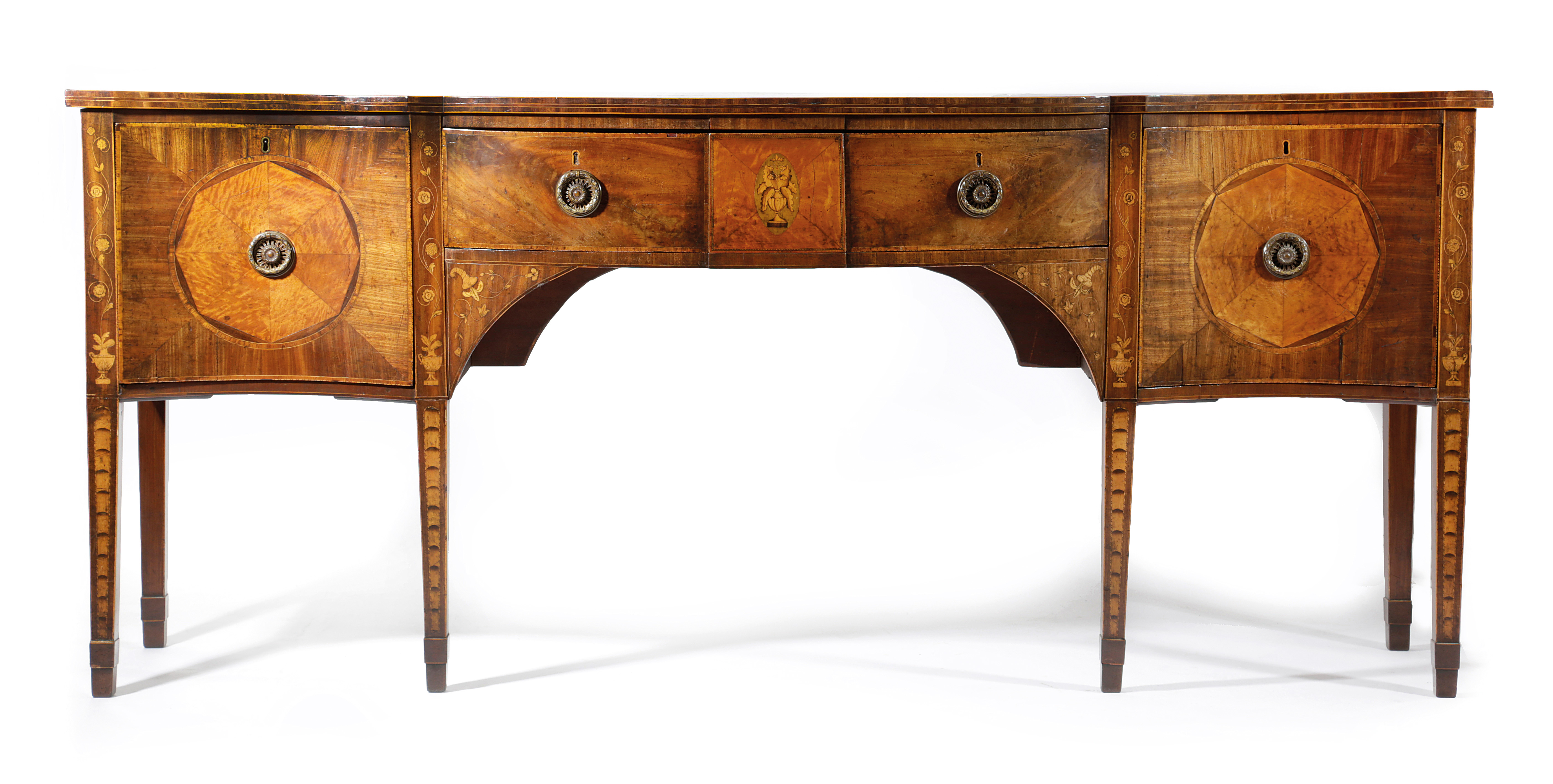 A GEORGE III MAHOGANY AND MARQUETRY SERPENTINE SIDEBOARD PROBABLY IRISH, LATE 18TH CENTURY AND LATER - Image 2 of 3