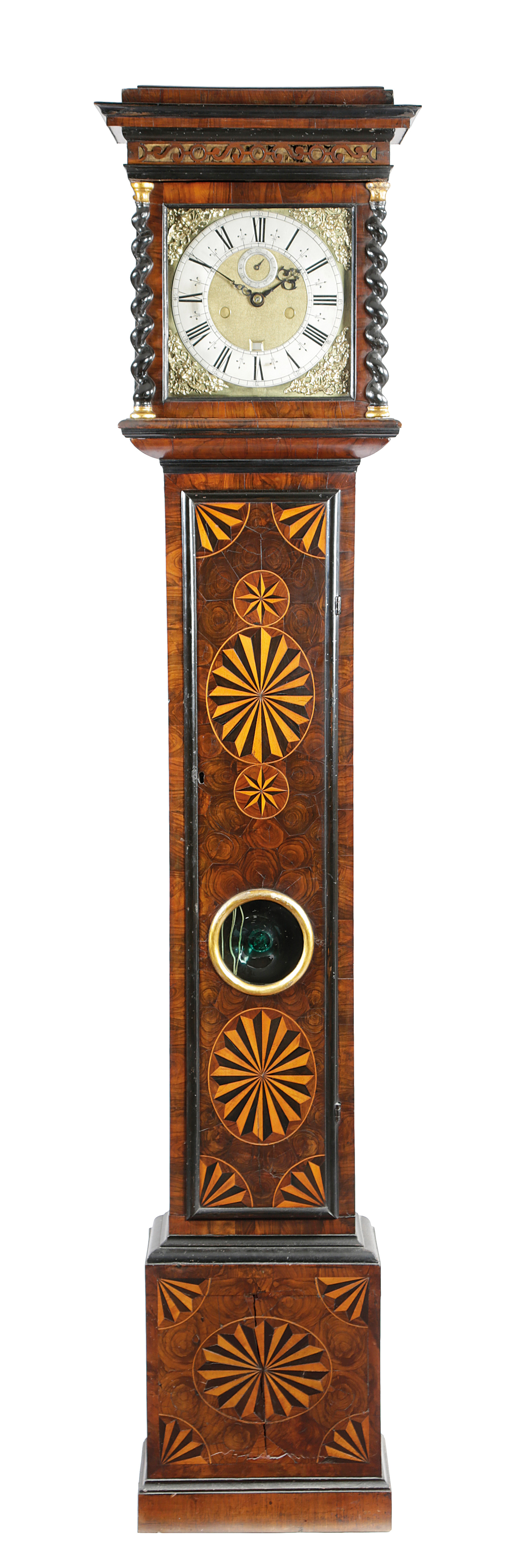 A WALNUT AND OLIVEWOOD OYSTER VENEERED AND PARQUETRY LONGCASE CLOCK PROBABLY BY SAMUEL WATSON,