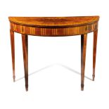 A GEORGE III HAREWOOD AND MARQUETRY DEMI-LUNE CONSOLE TABLE IN THE MANNER OF WILLIAM MOORE OF