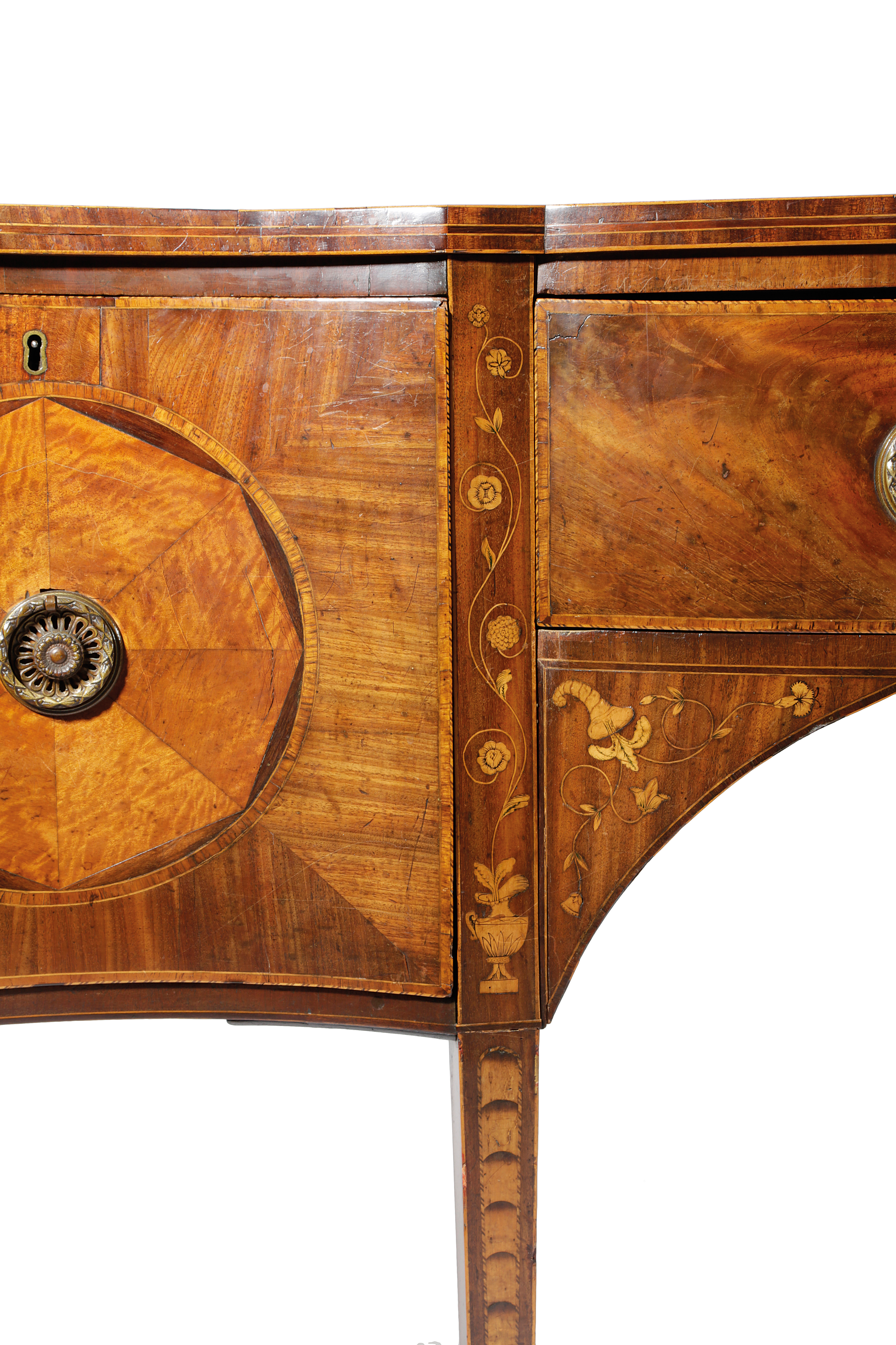 A GEORGE III MAHOGANY AND MARQUETRY SERPENTINE SIDEBOARD PROBABLY IRISH, LATE 18TH CENTURY AND LATER - Image 3 of 3