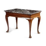 A GEORGE II RED WALNUT SIDE TABLE C.1740 with a later marble top above a plain frieze, on cabriole