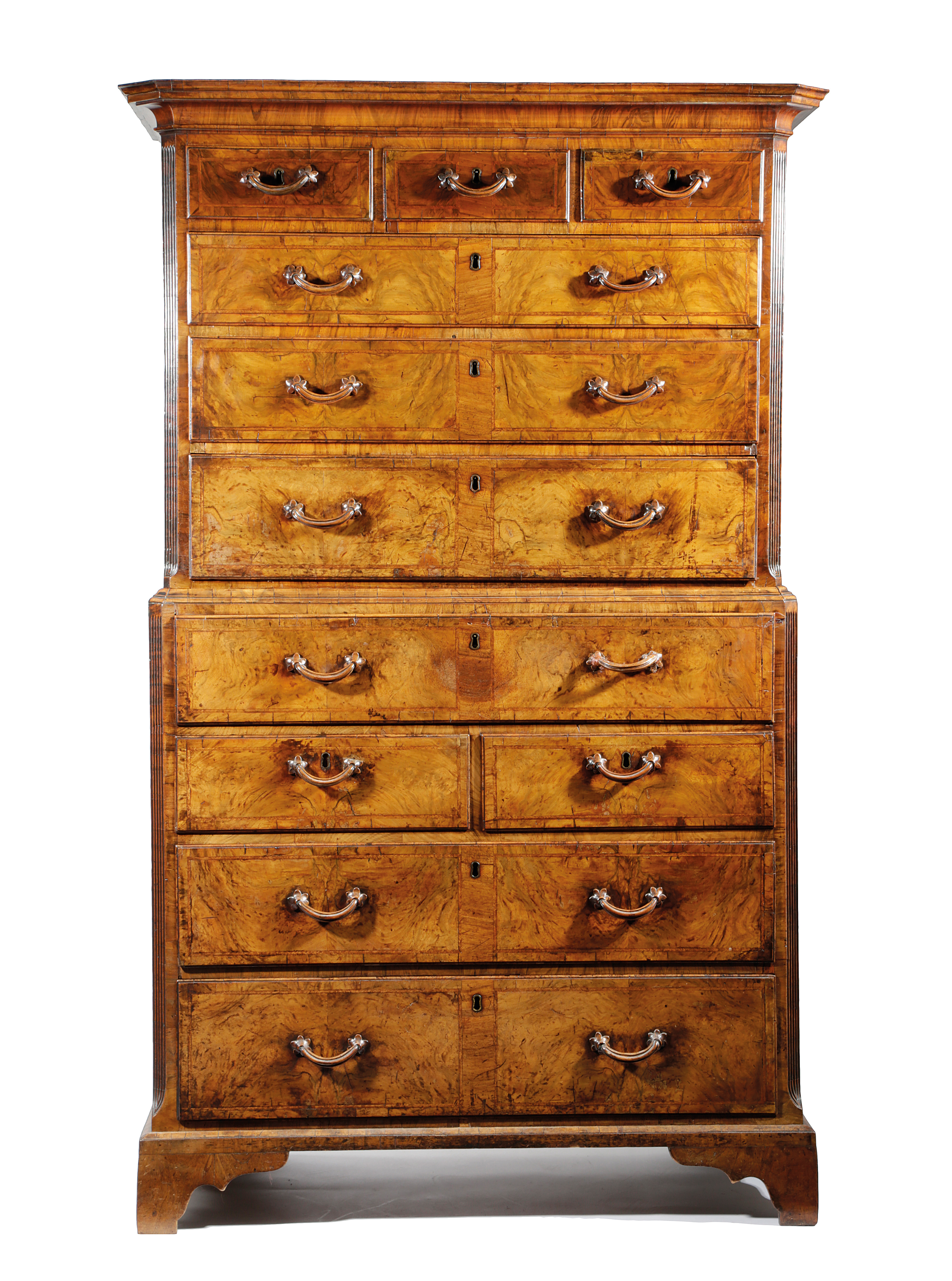 A GEORGE II BURR WALNUT SECRETAIRE CHEST ON CHEST C.1730 AND LATER with feather and crossbanding and