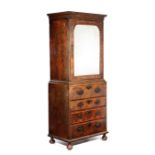 A GEORGE I WALNUT SECRETAIRE CABINET EARLY 18TH CENTURY with feather banding, the moulded cornice