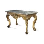 A GEORGE II STYLE GILTWOOD SIDE TABLE IN THE MANNER OF WILLIAM KENT the grey and white veined marble