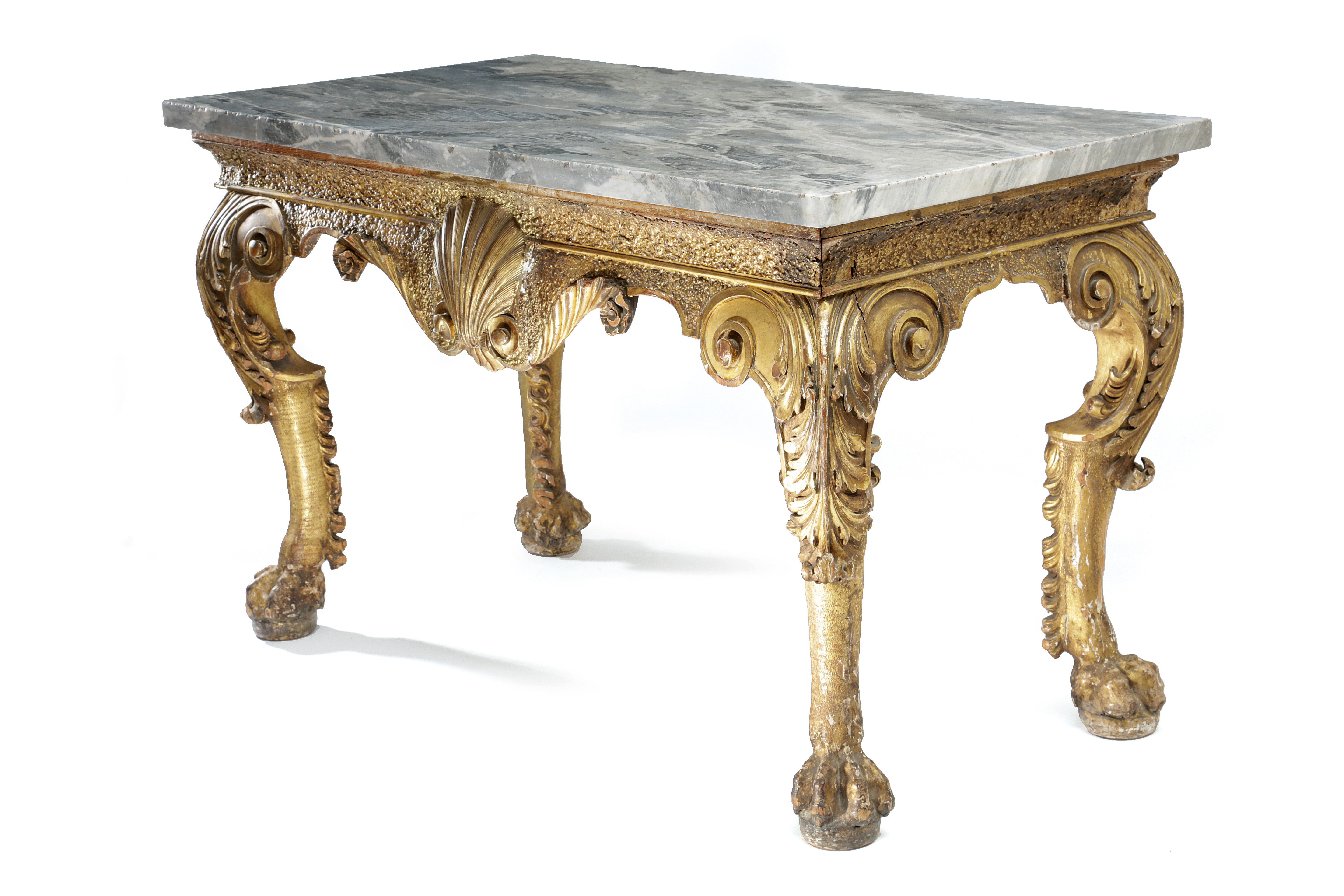 A PAIR OF FRENCH GILTWOOD CONSOLE TABLES IN LOUIS XV STYLE. 19TH CENTURY each with a red and grey - Image 2 of 8