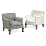 TWO SIMILAR EDWARDIAN EASY ARMCHAIRS BY HOWARD & SONS, IN GEORGE II STYLE, EARLY 20TH CENTURY each