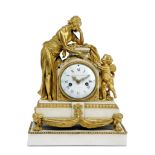 A FRENCH LOUIS XVI WHITE MARBLE AND ORMOLU MANTEL CLOCK BY BARANCOURT, C.1785 the brass drum twin