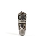 A GEORGE III SILVER FILIGREE THIMBLE, SCENT BOTTLE AND TAPE MEASURE PROBABLY BIRMINGHAM, C.1800 of