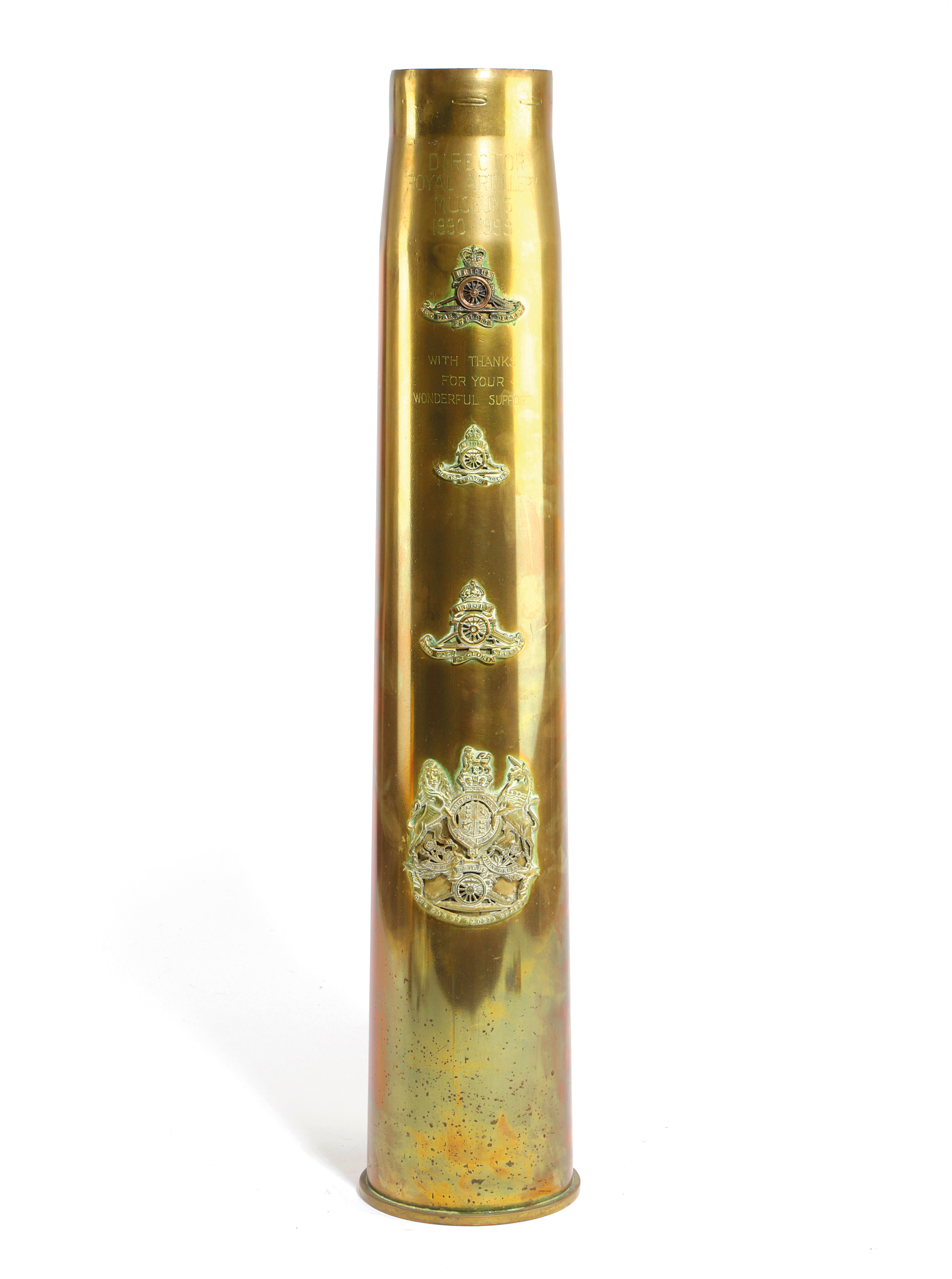 A BRASS TRENCH ART ARTILLERY SHELL STICKSTAND DATED '1942' applied with four Royal Artillery crests,