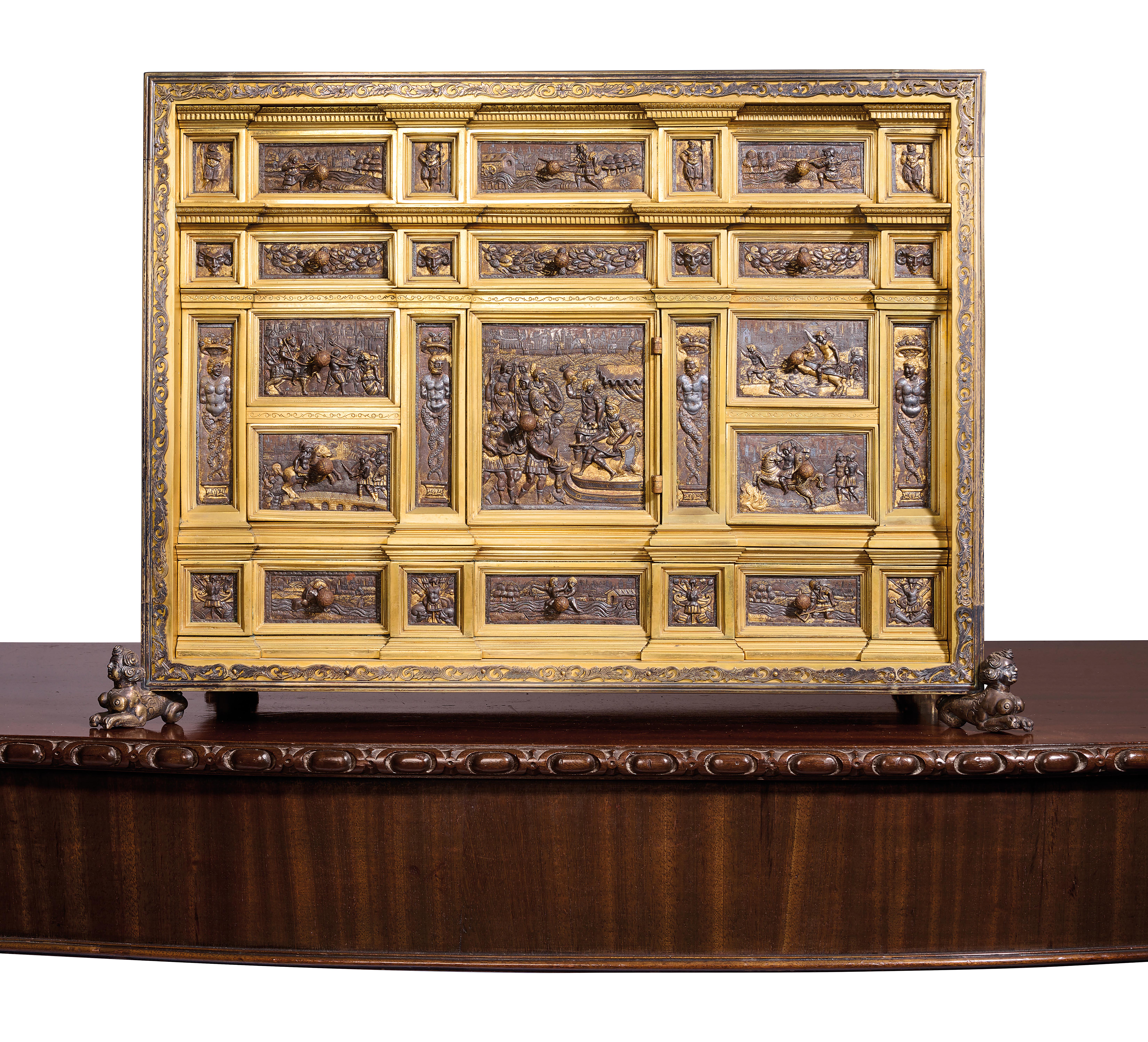 'THE ROTHSCHILD MILANESE ARMOURER'S CABINET' A RARE NORTH ITALIAN DAMASCENED STEEL AND GILT BRONZE