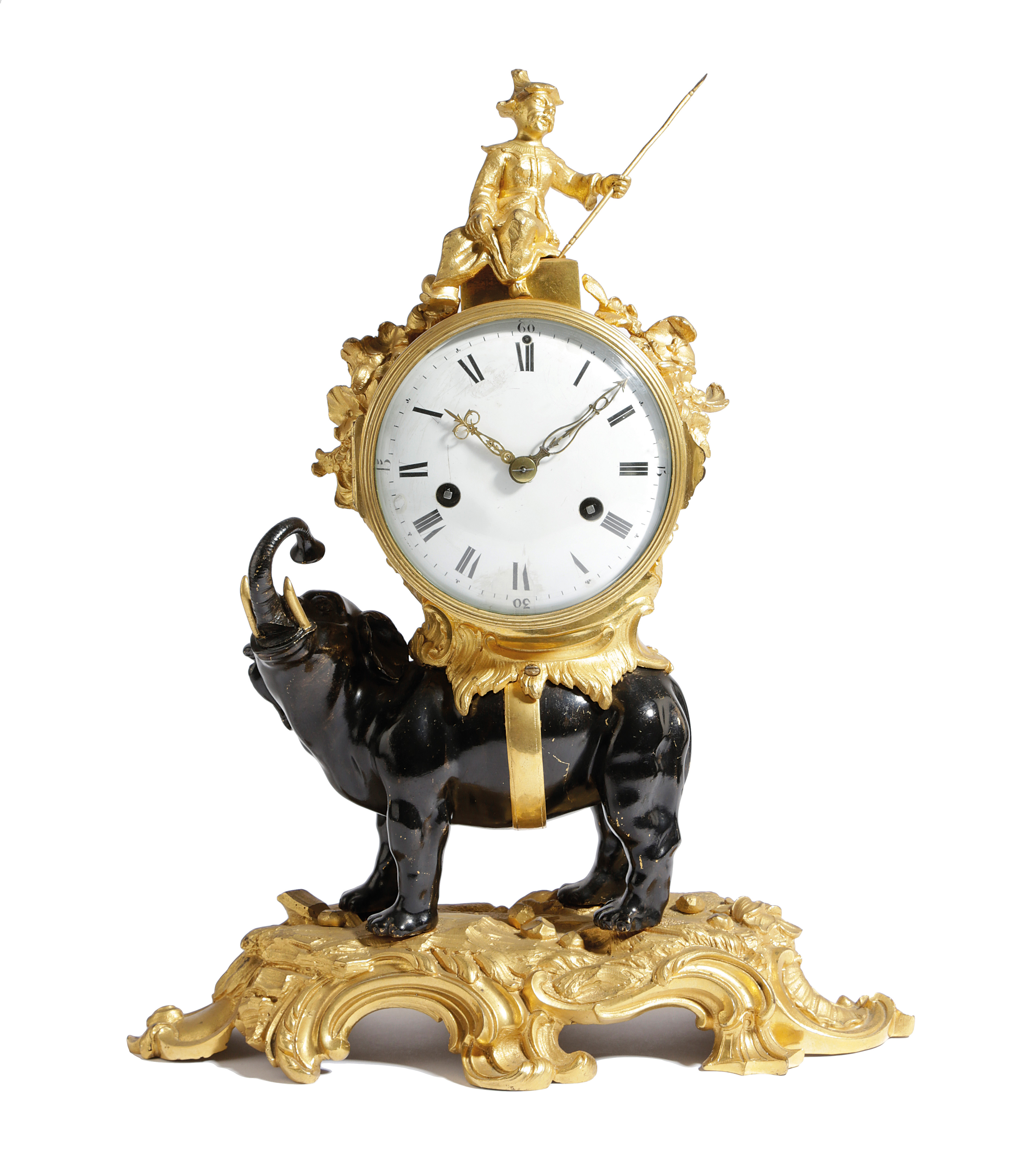 A FRENCH LOUIS XV ORMOLU AND PATINATED BRONZE ELEPHANT MANTEL CLOCK AFTER A DESIGN BY JACQUES AND