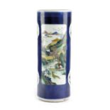A CHINESE PORCELAIN FAMILLE VERTE STICKSTAND KANGXI STYLE, 19TH CENTURY of cylindrical form, the