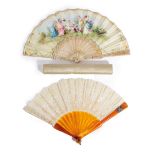 λ A LATE VICTORIAN LACE AND BLONDE TORTOISESHELL FAN BY A. RODIEN, RETAILED BY DUVELLEROY, C.1890