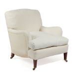 AN EDWARDIAN EASY ARMCHAIR BY HOWARD & SONS, EARLY 20TH CENTURY on mahogany square tapering front