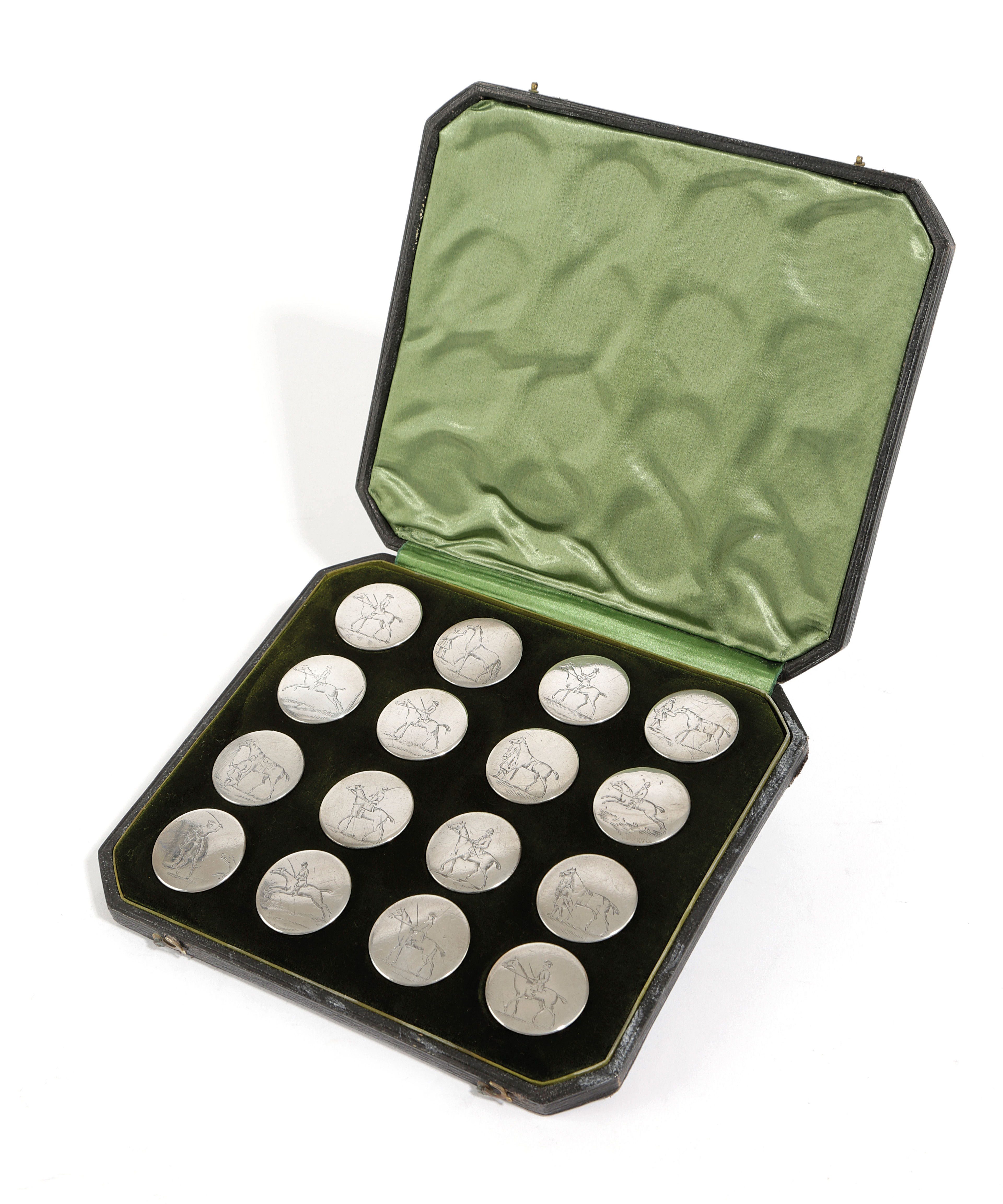 A SET OF SIXTEEN GEORGE III SILVER HUNTING BUTTONS LONDON, C.1785 maker's mark only 'SD', possibly