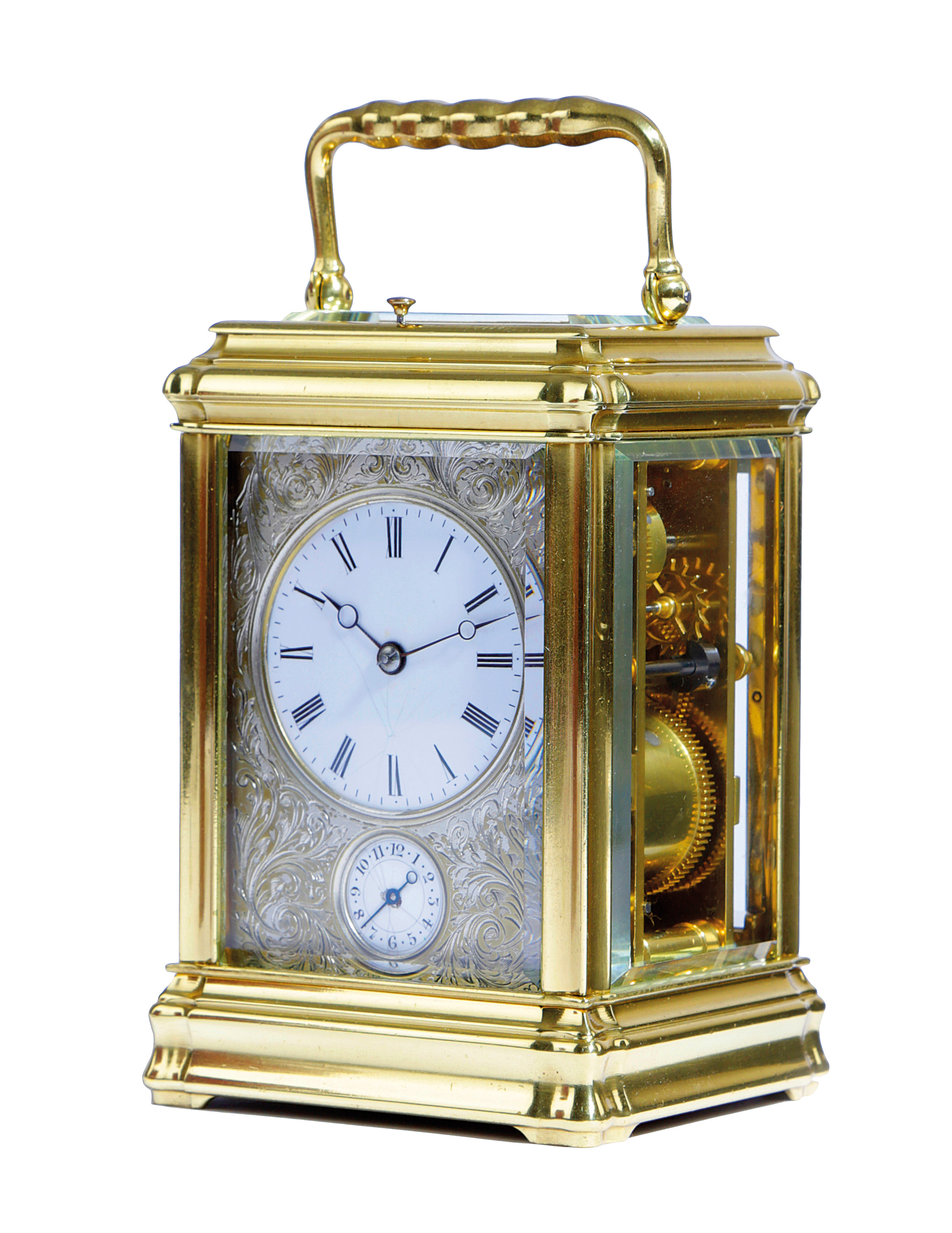 A FRENCH GILT BRASS REPEATING CARRIAGE CLOCK LATE 19TH CENTURY the brass, eight day movement with