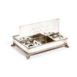 A GEORGE V PRESENTATION SILVER TREASURY INKSTAND BY H. LAMBERT, LONDON, 1912 of rectangular form,