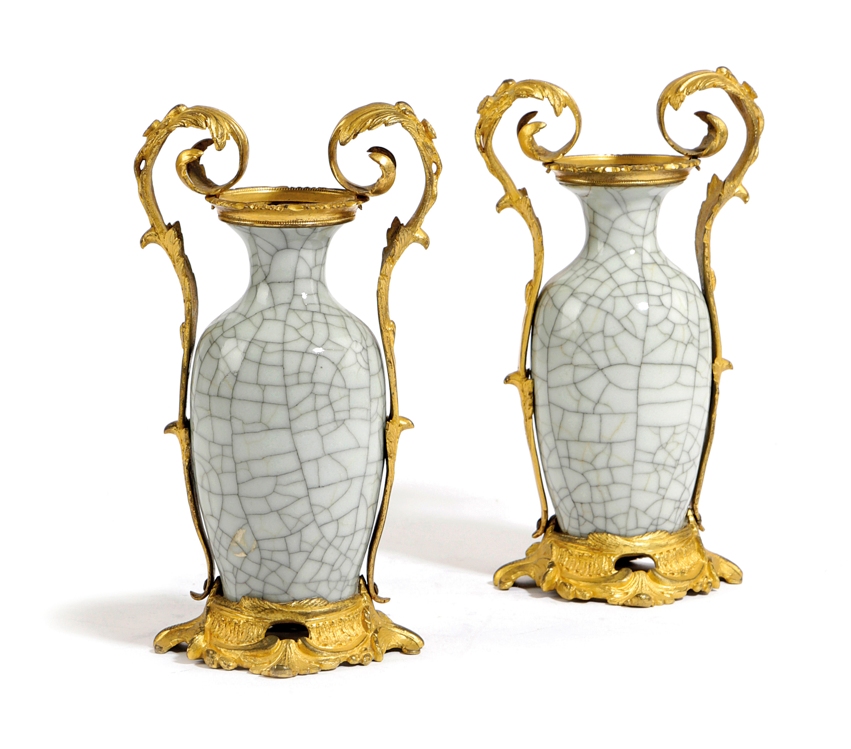 A PAIR OF CHINESE CRACKLE GLAZED AND ORMOLU MOUNTED VASES QING DYNASTY of baluster form, the