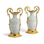 A PAIR OF CHINESE CRACKLE GLAZED AND ORMOLU MOUNTED VASES QING DYNASTY of baluster form, the