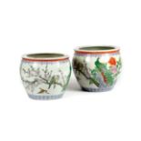 A PAIR OF CHINESE PORCELAIN FAMILLE ROSE FISH BOWLS 20TH CENTURY the exterior painted with