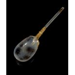 A RARE GOLD MOUNTED DENDRITIC AGATE SPOON LATE 16TH / EARLY 17TH CENTURY the oval bowl with ridged