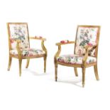 A PAIR OF FRENCH LOUIS PHILIPPE GILTWOOD FAUTEUILS 19TH CENTURY each with a padded back, seat and