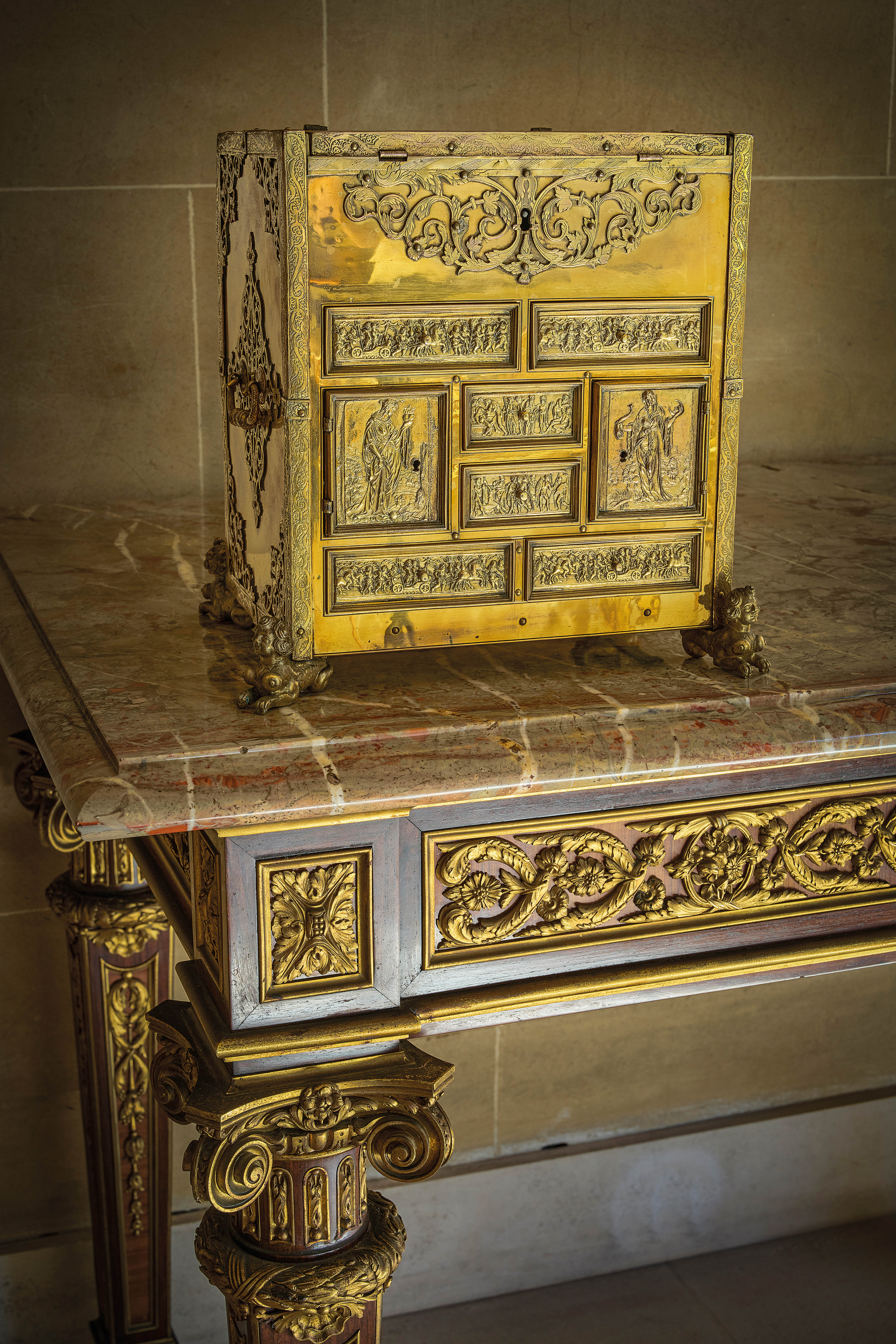 A SOUTH GERMAN GILT COPPER TABLE CABINET PROBABLY AUGSBURG, LATE 16TH CENTURY with engraved and