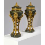 A PAIR OF FRENCH ORMOLU AND SWEDISH GREEN PORPHYRY BRULE-PARFUMS IN LOUIS XVI STYLE AFTER A MODEL BY