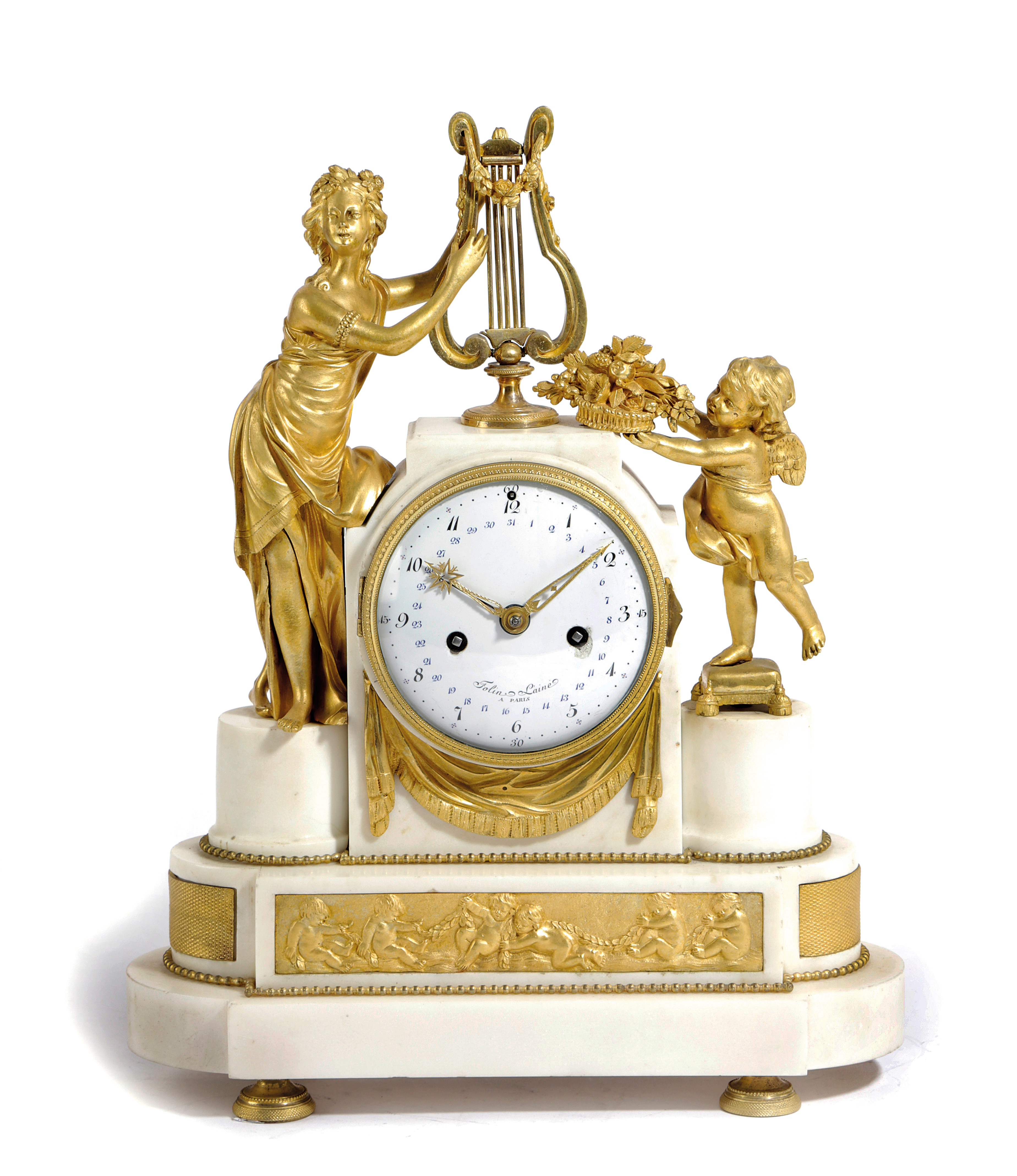A FRENCH LOUIS XVI WHITE MARBLE AND ORMOLU MANTEL CLOCK BY FOLIN L'AINE A PARIS, LATE 18TH CENTURY
