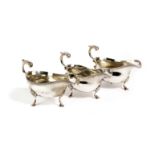 A PAIR OF VICTORIAN SILVER SAUCE BOATS AND A GEORGE III SILVER SAUCE BOAT BY CHARLES STUART