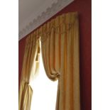 THREE PAIRS OF YELLOW SILK DAMASK CURTAINS LATE 20TH CENTURY each interlined, with rope twist