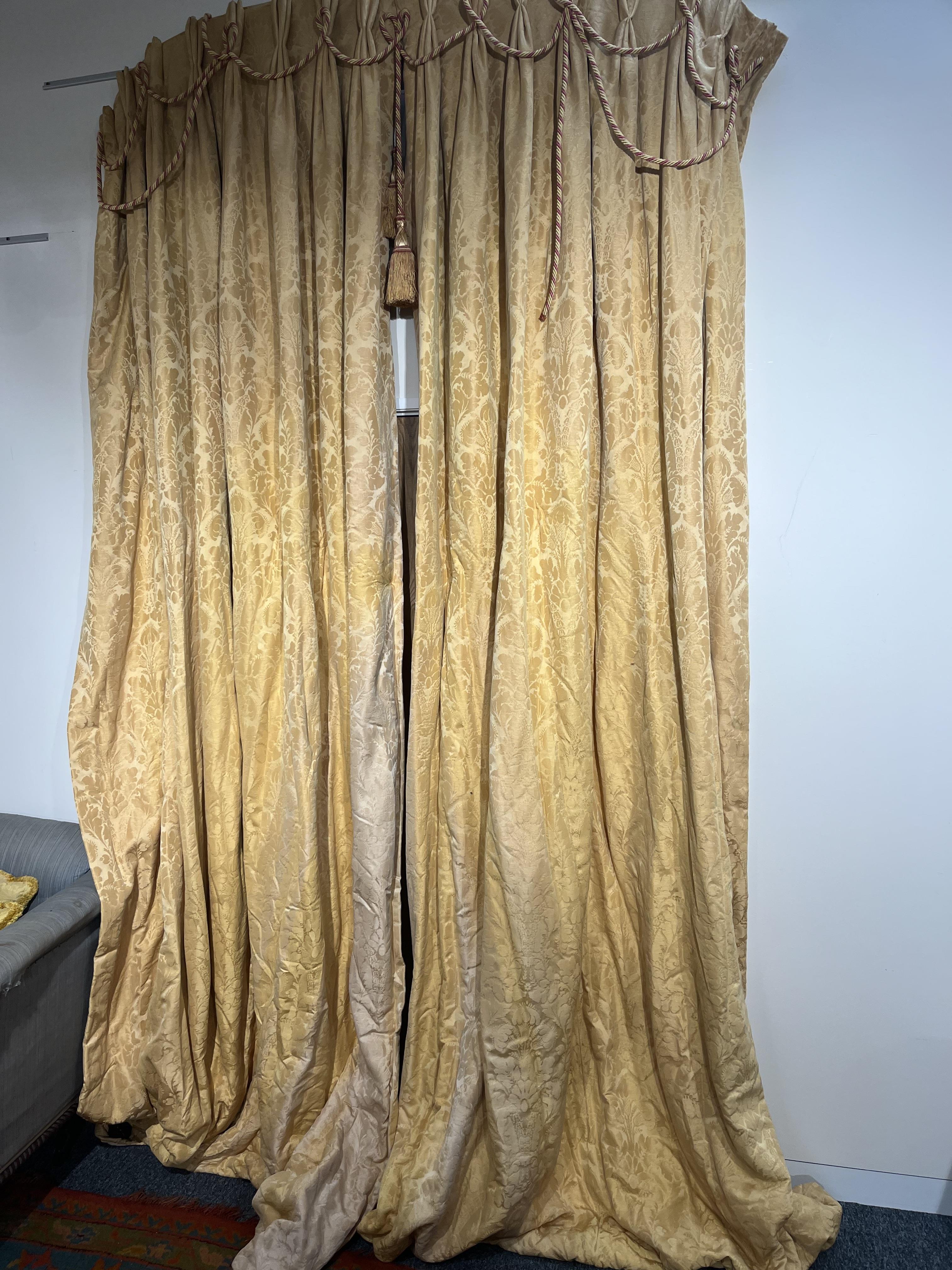 THREE PAIRS OF YELLOW SILK DAMASK CURTAINS LATE 20TH CENTURY each interlined, with rope twist - Image 3 of 9