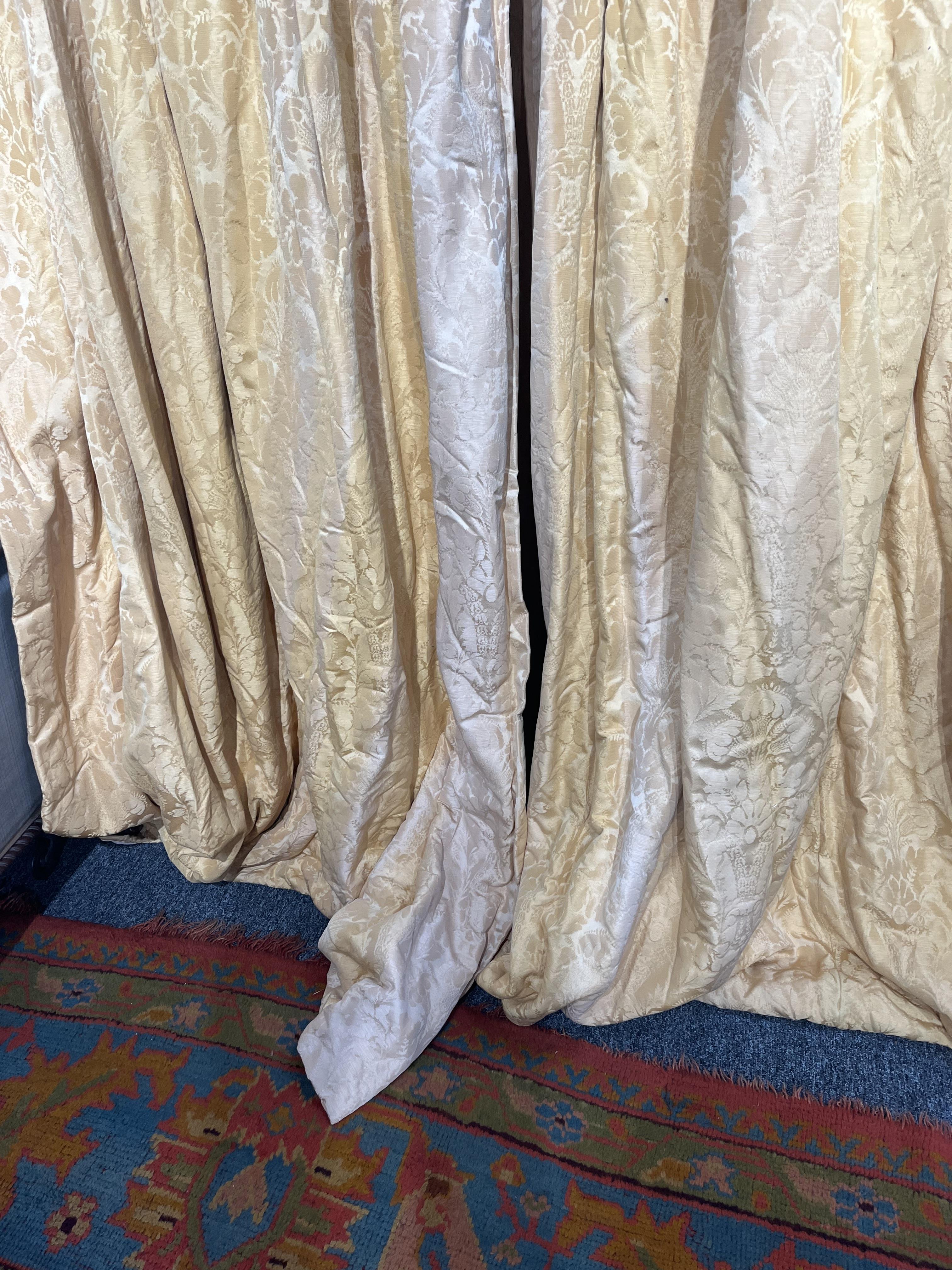 THREE PAIRS OF YELLOW SILK DAMASK CURTAINS LATE 20TH CENTURY each interlined, with rope twist - Image 4 of 9