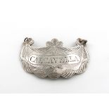 A George III silver wine label, by Hockley & Bosworth, London 1814, shaped form, engraved with
