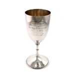 An Indian silver presentation trophy goblet, by Orr and Sons, Madras, urn shaped bowl, beaded