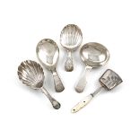 A small collection of five antique silver caddy spoons, various dates and makers, comprising: a