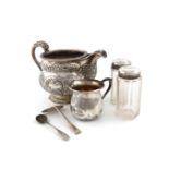 A mixed lot of silver items, various dates and makers, comprising: a George IV Irish cream jug, by