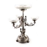 An electroplated presentation epergne, central fluted column, supporting a cut glass bowl, with