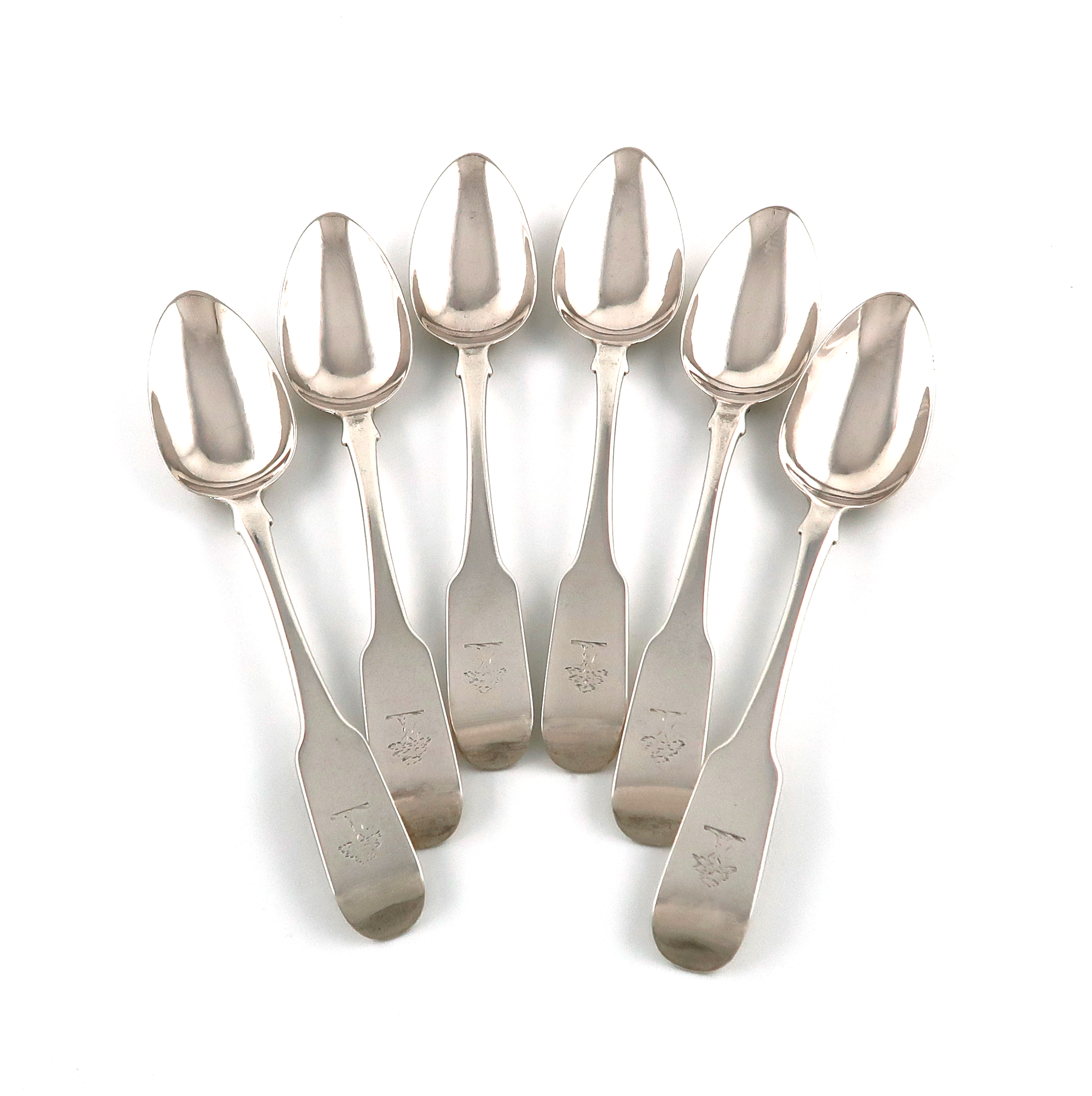 A set of six George III Irish silver Fiddle pattern dessert spoons, by Arthur Murphy Dublin 1808,