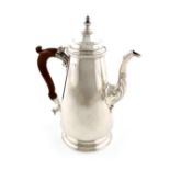 A George III silver coffee pot, by John Rowe, London 1750, tapering circular form, wooden scroll