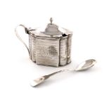 A George III silver mustard pot, by Urquhart and Hart, London 1793, shaped oval form, with bands