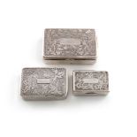 A collection of three Chinese silver snuff boxes, marked with Chinese characters, rectangular