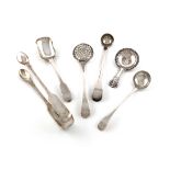 A mixed lot of silver flatware, various dates and makers, comprising: a caddy spoon, by Joseph
