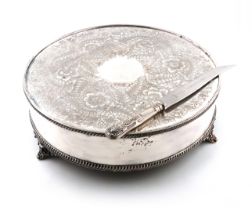 An electroplated cake stand, circular form, foliate decoration, gadroon borders, on three bracket