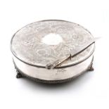 An electroplated cake stand, circular form, foliate decoration, gadroon borders, on three bracket