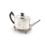 A George III silver teapot, by George Smith, London 1789, plain oval form, wooden scroll handle,