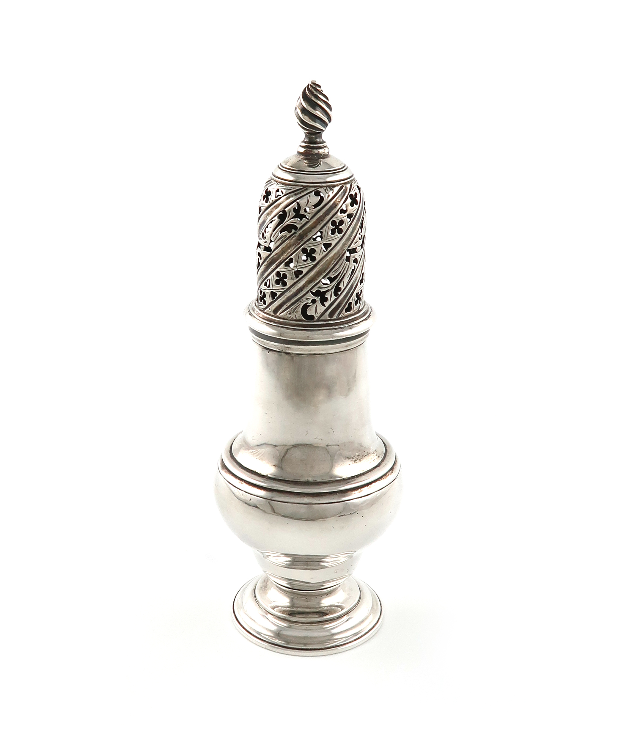 A George III silver sugar caster, by John Delmester, London 1760, baluster form, the pull-off